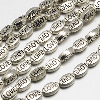 Oval with Word Love Tibetan Style Alloy Bead Strands, Lead Free, Antique Silver, 10x6x4mm, Hole: 1mm, about 22pcs/strand, 8 inch