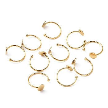 10Pcs 304 Stainless Steel Open Cuff Rings Findings, Flat Round Pad Ring Base Settings, Golden, US Size 7 1/4(17.5mm), Tray: 8mm