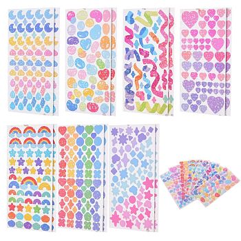 14 Sheets 7 Style Waterproof Laser Plastic Self Adhesive Stickers, Rectangle with Mixed Patterns, Mixed Color, 2sheets/style