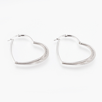 304 Stainless Steel Hoop Earrings, Hypoallergenic Earrings, with Spring, Heart, Stainless Steel Color, 49x39x5.5mm, Pin: 0.6x1mm