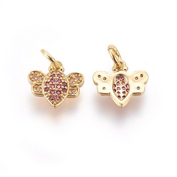 Brass Micro Pave Cubic Zirconia Charms, Bees, Colorful, Golden, 10x11x2mm, Hole: 3mm