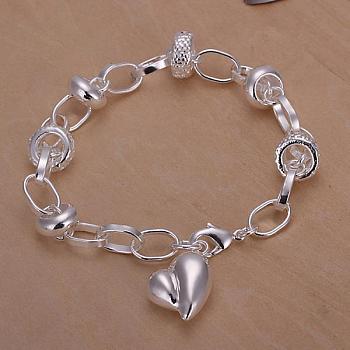  Brass Heart Charm Bracelets For Women, with Lobster Clasps, Silver, 180x7mm