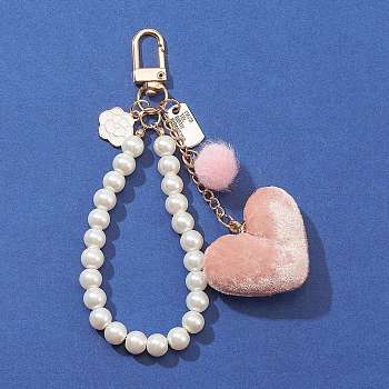 Plush Love Heart Pendant Decorations, Plastic Imitation Pearl Chain Keychain Ornaments, Pink, 85mm