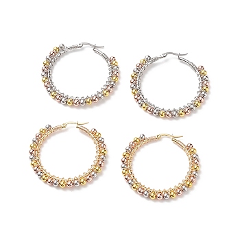 2 Pair 2 Color Round Brass Braided Bead Hoop Earrings, 304 Stainless Steel Wire Wrap Jewelry for Women, Golden & Stainless Steel Color, 44x45.5x4mm, Pin: 0.6mm, 1 Pair/color