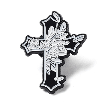 Religion Enamel Pins, Black Alloy Brooch for Backpack Clothes, Cross, Leaf, 30.5x24.5x1.5mm