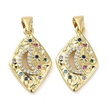 Rack Plating Brass Micro Pave Clear Cubic Zirconia Pendants, Rhombus, Real 18K Gold Plated, 22x14x3mm, Hole: 4x3mm