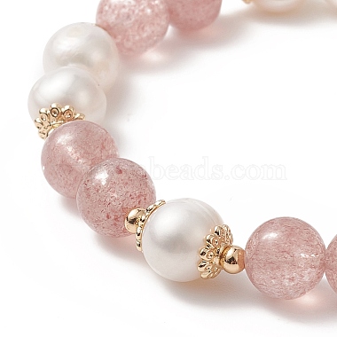 Natural Strawberry Quartz & Pearl Round Beaded Stretch Bracelet for Women(BJEW-JB09246-05)-2