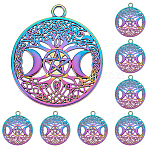 8Pcs Rainbow Color Alloy Pendants, Cadmium Free & Nickel Free & Lead Free, Flat Round with Moon & Star Charms, Rainbow Color, 38.5x34x2.5mm, Hole: 3mm(FIND-LP0001-39)