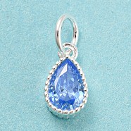 925 Sterling Silver Charms, with Cubic Zirconia, Faceted Teardrop, Silver, Cornflower Blue, 8.5x5x3mm, Hole: 3mm(STER-G035-01B-03)