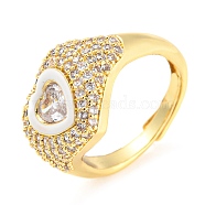 Enamel Heart Adjustable Ring with Clear Cubic Zirconia, Real 18K Gold Plated Brass Ring, Lead Free & Cadmium Free, White, Inner Diameter: 17.6mm(RJEW-Q781-01G-04)