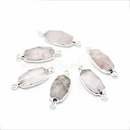 Natural Madagascar Rose Quartz Links connectors, with Brass Findings, Faceted, Oval, Silver Color Plated, 30~31x11~12x5~6mm, Hole: 2mm(G-P396-14S)