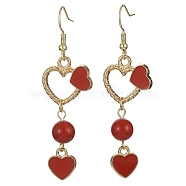 Dyed Natural Mashan Jade Dangle Earrings, Alloy Enamel Heart Long Drop Earings with 304 Stainless Steel Pins for Valentine's Day, Dark Red, 58x18mm(EJEW-JE05342-01)