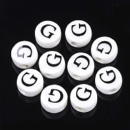 Handmade Porcelain Beads, Horizontal Hole, Flat Round with Letter, White, Letter.G, 8~8.5x4.5mm, Hole: 2mm(PORC-Q259-01G)