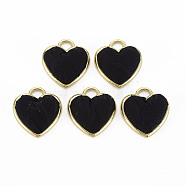 Light Gold Plated Alloy Pendants, with Cloth Fabric, Cadmium Free & Nickel Free & Lead Free, Heart, Black, 20x19x6.5~7mm, Hole: 3x4mm(PALLOY-N154-31C-NR)