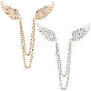 2Pcs 2 Colors Men's Crystal Wings Scarf Collar Brooch Lapel Pin, Alloy Rhinestone Badge Hanging Chains for Suit Tuxedo, Platinum & Light Gold, 225mm, 1pc/color(JEWB-GF0001-21)