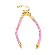 Leather Braided Cord Link Bracelets, Fit for Connector Charms, with Long-Lasting Plated Rack Plating Colden Tone Brass Lobster Claw Clasp & Chain Extender, Pearl Pink, 6x1/8 inch(15.2cm), Hole: 2mm(MAK-K022-01G-13)