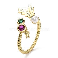 Rack Plating Brass Micro Pave Cubic Zirconia Open Cuff Ring with Plastic Pearl Beaded, Leaf, Lead Free & Cadmium Free, Long-Lasting Plated, Real 18K Gold Plated, Inner Diameter: 18mm(RJEW-Q777-15G)