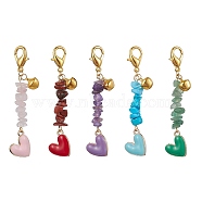 Alloy Enamel Heart Bell Pendant Decoration, with Natural Rose Quartz & Green Aventurine &  Amethyst & Red Jasper & Synthetic Turquoise Chips, Mixed Color, 66mm(HJEW-JM01590)