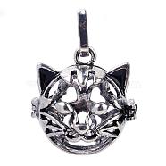 Rack Plating Brass Cage Hollow Kitten Pendants, for Chime Ball Pendant Necklaces Making, Cat Heat Shape, Antique Silver, 26x25x25mm, Hole: 4x8mm, inner measure: 18mm(KK-S751-003AS)