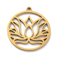 Ion Plating(IP) 304 Stainless Steel Pendants, Laser Cut, Flat Round with Lotus Charm, Real 18K Gold Plated, 27.5x25x1mm, Hole: 2mm(STAS-M323-52G)