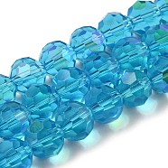 Electroplate Transparent Glass Beads Strands, Faceted, Round, Rainbow Plated, Deep Sky Blue, 10mm, Hole: 1.2mm, about 65~69pcs/strand, 23.03~24.49 inch(58.5~62.2cm)(EGLA-A035-T10mm-L08)