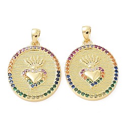 Rack Plating Brass with Cubic Zirconia Pendants, Cadmium Free & Lead Free, Flat Round with Carrot, Real 18K Gold Plated, Colorful, 23x17.5x2.5mm, Hole: 4x2.5mm(KK-B076-08G)