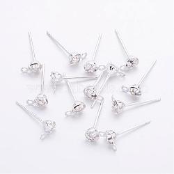 Silver Color Plated Brass Post Earring Findings, with Loop and Rhinestone, Silver Color Plated, 15x4x0.8mm, Hole: 0.5mm(X-EC592-S)