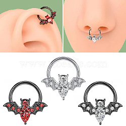 304 Stainless Steel Crystal Rhinestone Halloween Bat Hoop Nose Rings, Cartilage Earrings, Black, Inner Diameter: 10mm, Pin: 1.2mm(WG0E020-03)