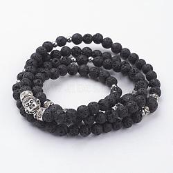 Natural Lava Rock Beaded Wrap Bracelets, 4-Loop, with Alloy Beads and Brass Rhinestone Bead Spacers, Antique Silver, (28-3/4 inch)730mm(BJEW-JB02582)