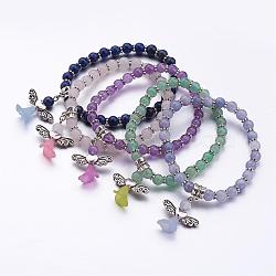 Natural Gemstone Beads Stretch Charm Bracelets, with Tibetan Style Beads and Transparent Acrylic Beads, Frosted, Lovely Wedding Dress Angel Dangle, Mixed Color, 2-1/8 inch(55mm)(BJEW-JB02592)