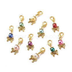 Acrylic Imitation Pearl Pendant Decorations, Lobster Clasp Charms, Clip-on Charms, for Keychain, Purse, Backpack Ornament, Stitch Marker, Bowknot, Mixed Color, 35.5~36mm(HJEW-JM00708)
