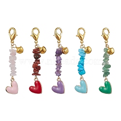 Alloy Enamel Heart Pendant Decoration, Natural & Synthetic Mixed Stone Chips and Alloy Lobster Claw Clasps Charm, Mixed Color, 66mm(HJEW-JM01590)