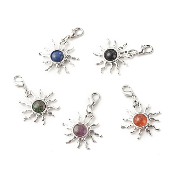 Natural Mixed Stone Pendants Decorations, with Alloy Sun and Zinc Alloy Lobster Claw Clasps, 40mm, Sun: 25x26x4mm