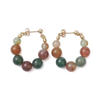 Natural Agate Beaded Hoop Earrings, 304 Stainless Steel Jewelry for Women, Golden, 35x8.5mm