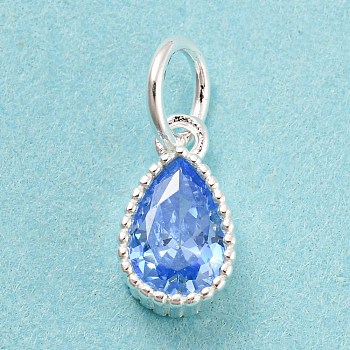 925 Sterling Silver Charms, with Cubic Zirconia, Faceted Teardrop, Silver, Cornflower Blue, 8.5x5x3mm, Hole: 3mm