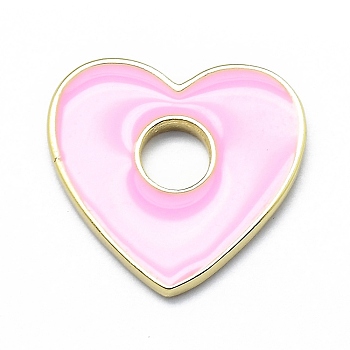 Brass Enamel Pendants, Real 18K Gold Plated, Long-Lasting Plated, Heart, Pink, 15x16x1.5mm, Hole: 4mm