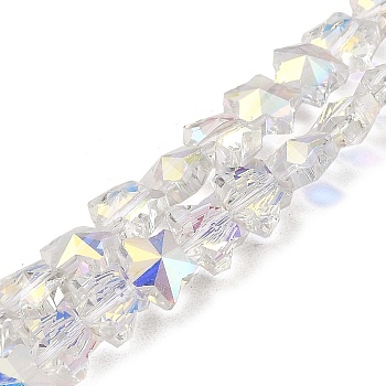 Electroplate Transparent Glass Beads Strands, Rainbow Plated, Faceted, Star, Clear AB, 9~9.5x10x6.5mm, Hole: 1mm, about 50pcs/strand, 16.22~16.38(41.2~41.6cm)