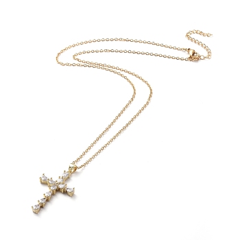 304 Stainless Steel Chain Necklaces, with Brass Cubic Zirconia Pendants, Cross, Golden, 17.9 inch(45.7cm)