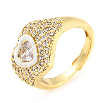 Enamel Heart Adjustable Ring with Clear Cubic Zirconia, Real 18K Gold Plated Brass Ring, Lead Free & Cadmium Free, White, Inner Diameter: 17.6mm