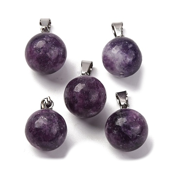 Round Natural Lepidolite Pendants, with Platinum Tone Brass Findings, 17~19x13~14mm, Hole: 2x7mm