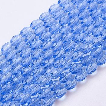 Glass Beads Strands, Faceted, Oval, Sky Blue, about 6mm long, 4mm thick, hole: 1mm, about 72pcs/strand