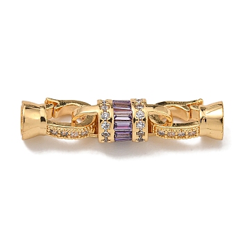 Brass Micro Pave Cubic Zirconia Fold Over Clasps, Column, Real 18K Gold Plated, Lavender, 33mm