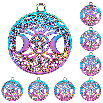 8Pcs Rainbow Color Alloy Pendants, Cadmium Free & Nickel Free & Lead Free, Flat Round with Moon & Star Charms, Rainbow Color, 38.5x34x2.5mm, Hole: 3mm