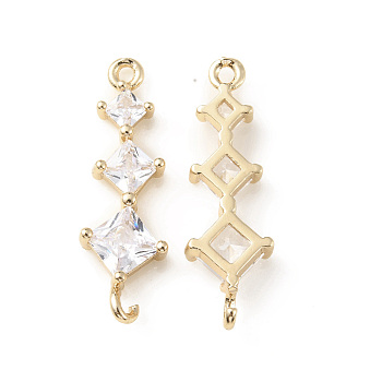 Brass Pave Clear Cubic Zirconia Connector Charms, Triple Rhombus Links, Light Gold, 26x8x4mm, Hole: 1.2mm and 2mm