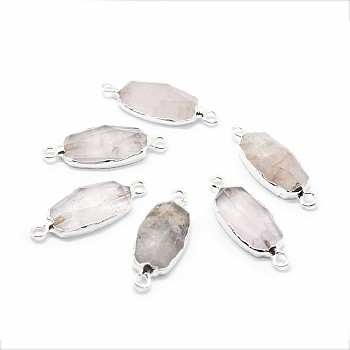 Natural Madagascar Rose Quartz Links connectors, with Brass Findings, Faceted, Oval, Silver Color Plated, 30~31x11~12x5~6mm, Hole: 2mm