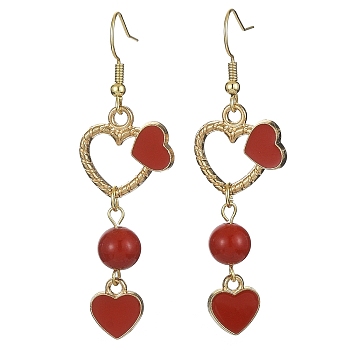 Dyed Natural Mashan Jade Dangle Earrings, Alloy Enamel Heart Long Drop Earings with 304 Stainless Steel Pins for Valentine's Day, Dark Red, 58x18mm
