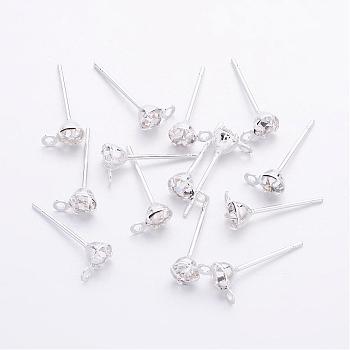 Silver Color Plated Brass Post Earring Findings, with Loop and Rhinestone, Silver Color Plated, 15x4x0.8mm, Hole: 0.5mm