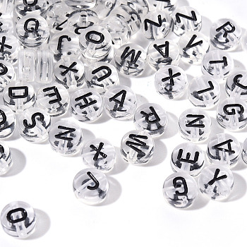 Transparent Clear Acrylic Beads, Horizontal Hole, Flat Round with Black Random Letters, 7x3.5mm, Hole: 1.8mm, 100pcs/Bag