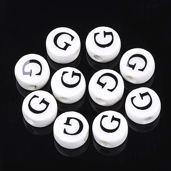 Handmade Porcelain Beads, Horizontal Hole, Flat Round with Letter, White, Letter.G, 8~8.5x4.5mm, Hole: 2mm