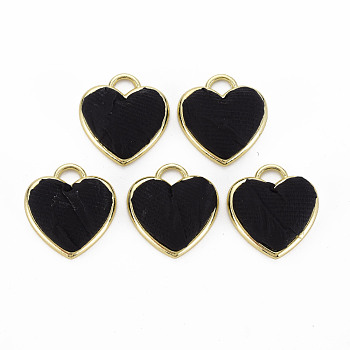 Light Gold Plated Alloy Pendants, with Cloth Fabric, Cadmium Free & Nickel Free & Lead Free, Heart, Black, 20x19x6.5~7mm, Hole: 3x4mm